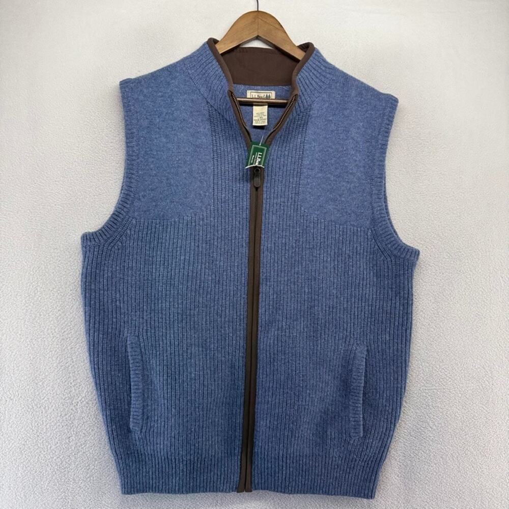 LL Bean Sweater Vest Men's Large Blue Waterfowl Merino Wool Full Zip Knit NEW - Picture 2 of 8